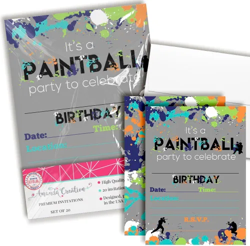 Vista 13 de AmandaCreation - Invitaciones para fiesta de cumpleaños de Dart Gun, 20 tarjetas de relleno de 5 x 7 pulgadas con veinte sobres blancos