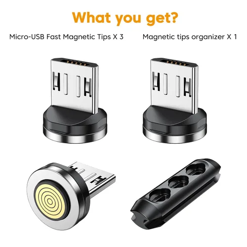 Vista 2 de Cabezal de puntas de conector magnético de 9 pines para dispositivos Android micro USB (paquete de 3), adaptador de cable magnético giratorio de 360