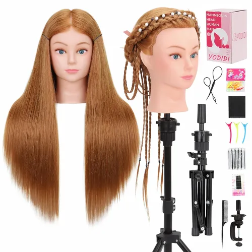 Vista 8 de Cabeza de maniquí con cabello humano para cosmetología - Cabeza de muñeca con 80% cabello humano para práctica de peinado, cabeza de práctica