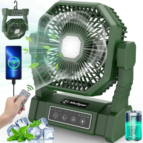 Vista 9 de Multper Ventilador portátil, ventilador de campamento de 20000 mAh con linterna LED y control remoto, ventilador recargable de 4 velocidades y 4