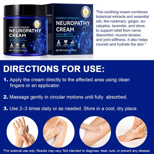 Vista 9 de AIQIUSHA Crema de alivio de nervios de máxima fuerza, crema de alivio de neuropatía, ingredientes naturales, crema calmante para pies y manos