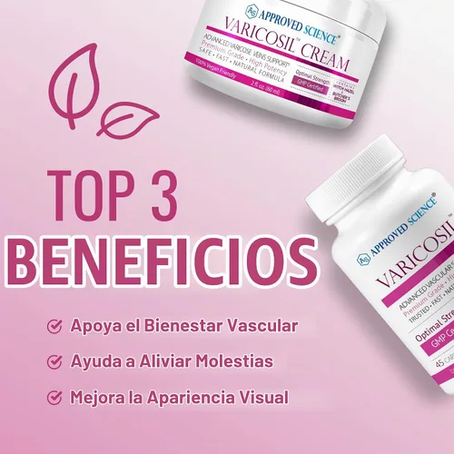 Vista 3 de Approved Science Varicosil - Suplemento de apoyo para las venas varicosas - 1 botella (45 cápsulas) + 1 crema (2 fl oz) - Vegano