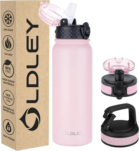Vista 27 de Botella de agua aislada Oldley de 12 oz con pajita, botella de agua de acero inoxidable con 2 tapas, botellas de doble pared con vacío para adultos