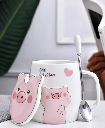 Vista 3 de Taza de té de cerámica del agua de la taza de café del cerdo con la cuchara