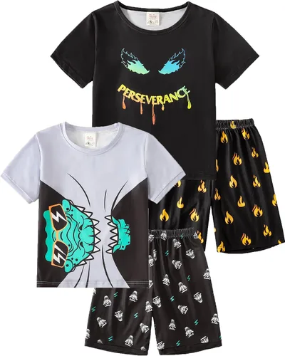 Vista 13 de MyFav - Pijamas para niños grandes de 2 piezas, pantalones cortos, lindos dibujos animados, ropa de dormir 4 piezas Alien