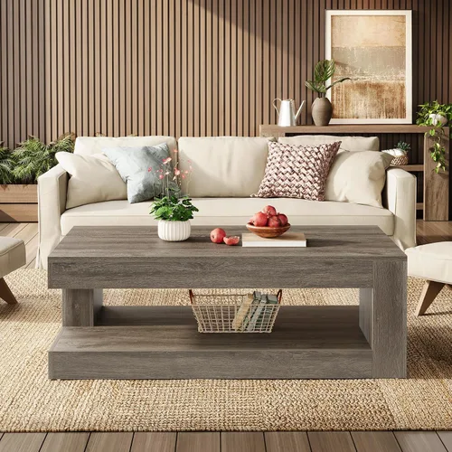 Vista 3 de Tribesigns Mesa de Centro para Sala de Estar, 47.24 Pulgadas Estilo Granja de 2 Niveles Mesa Central de Té y Cóctel con Almacenamiento, Gris