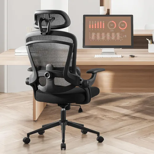 Vista 6 de Silla de oficina ergonómica de malla, silla de escritorio de computadora con respaldo alto con reposacabezas ajustable y soporte lumbar, silla