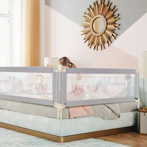 Vista 9 de BABY JOY Riel de cama para niños pequeños, 77 pulgadas, extra largo, altura ajustable y plegable, protector de riel de cama de bebé con malla Gris