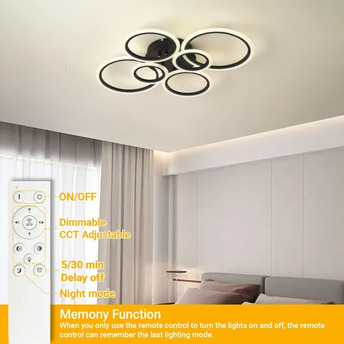 Vista 3 de Moderna lámpara LED de techo de 29.8 pulgadas, 72 W, 6000 lúmenes, 3000-6500 K, regulable con control remoto, lámpara de techo empotrada para Negro