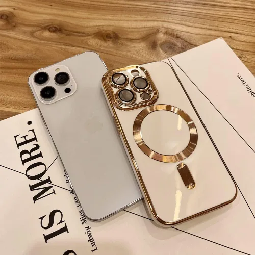 Vista 2 de OOK - Funda magnética para iPhone 15 Pro Max con borde chapado en oro, color negro Blanco