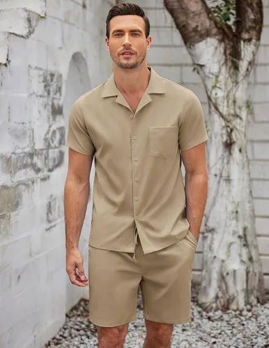 Vista 2 de COOFANDY Conjunto de 2 piezas para hombre, camisas de manga corta con botones, trajes casuales de playa