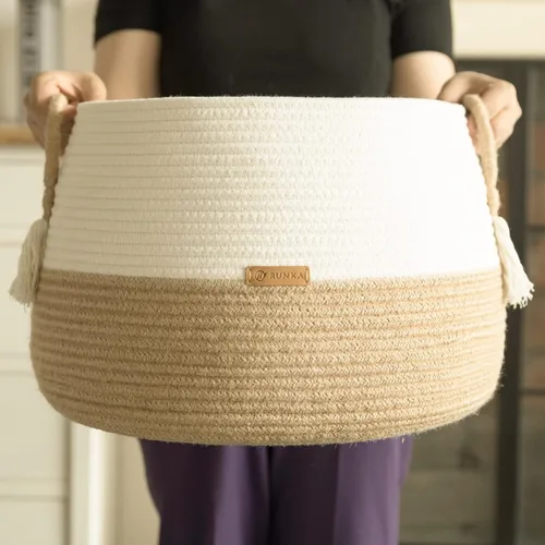 Vista 7 de R RUNKA Cesta pequeña para animales de peluche, ropa, mantas para bebé - 30 cm x 25 cm - Cestas boho para sala de estar, dormitorio, guardería