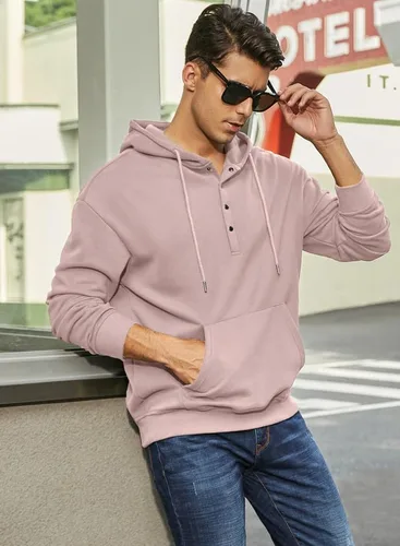 Vista 2 de JMIERR Sudaderas con capucha de algodón para hombre, con cuello de botón, con cordón, sudaderas casuales de manga larga con bolsillo