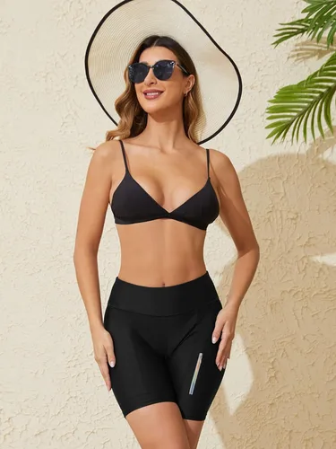 Vista 8 de ATTRACO Pantalones cortos de natación de cintura alta para mujer, con bolsillo, de secado rápido