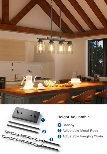 Vista 7 de Amico Lámpara de Comedor de 4 Luces para Isla de Cocina con Varillas Ajustables, Candelabro de Decoración Rústica de Metal Negro y Madera