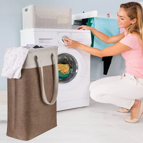 Vista 6 de Cesta de ropa sucia con asas beige y marrón, cesta de lavandería delgada plegable, cesta de ropa sucia estrecha, bolsa de lavandería plegable, cesto