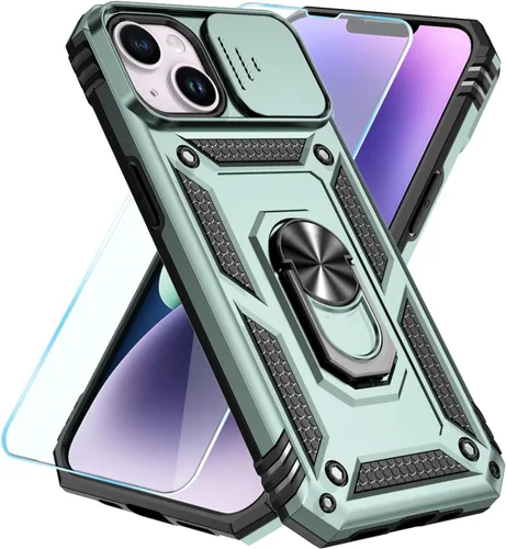 Vista 8 de SunStory Funda compatible con iPhone 14 Plus con protector de pantalla HD, cubierta de cámara deslizante y soporte de anillo giratorio