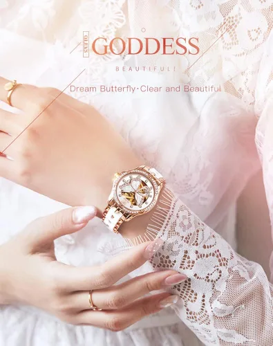 Vista 3 de OLEVS Relojes automáticos de oro rosa para mujer diseño de esqueleto mecánico de cuerda automática elegante vestido de lujo para mujer con diamantes