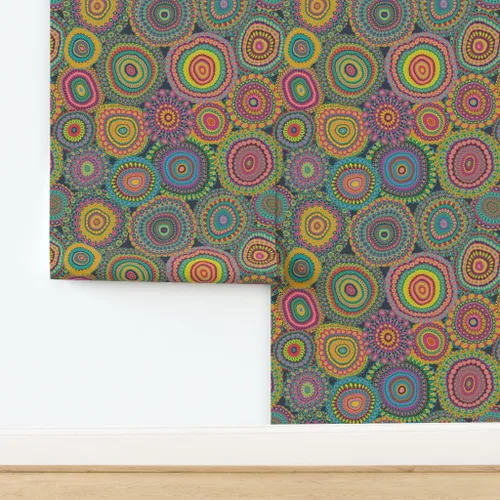 Vista 4 de Despegar y pegar papel tapiz Muestras – Colcha de retazos de abuelas mandala círculo colorido retro hippie personalizado extraíble papel pintado por