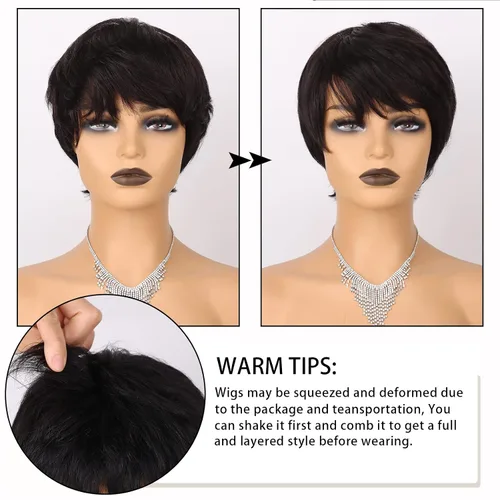 Vista 4 de Pelucas de cabello humano con corte Pixie para mujeres negras, 100% cabello humano, pelucas cortas Pixie para uso diario en fiestas (1B)