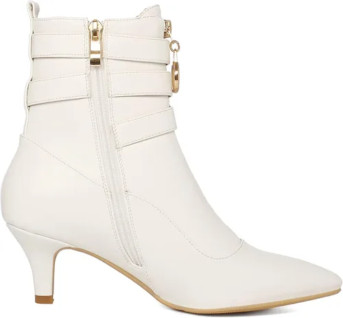 Vista 6 de KISSASA Botines de tacón de gatito con correa de hebilla para mujer, puntera puntiaguda, con cremallera