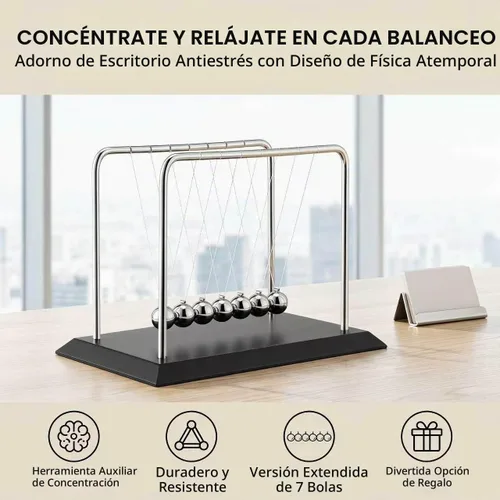 Vista 7 de Bolas de equilibrio grandes de Newton Cradle con 7 bolas de ciencia física, decoración de escritorio para oficina en casa