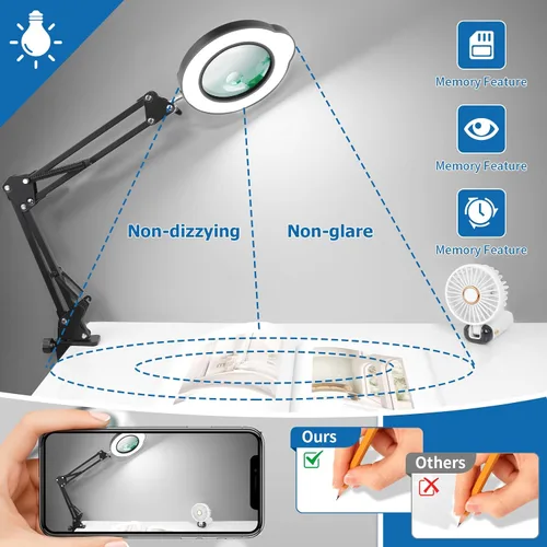 Vista 7 de Lupa de 15X 30X con luz y soporte, lámpara de escritorio LED con base y abrazadera, 5 modos de color, 10 niveles regulables, lupa manos libres