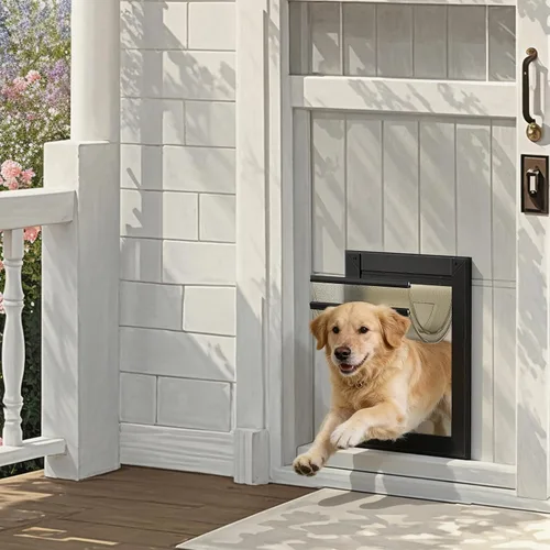 Vista 2 de MAVRICFLEX Puerta resistente para perros con doble panel de bloqueo deslizante, puerta grande de bajo consumo, fácil instalación, dos solapas