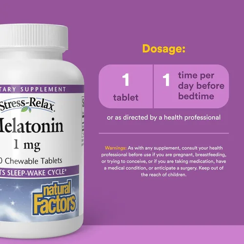 Vista 3 de Melatonina Stress-Relax 1 mg por Natural Factors, Natural Sleep Aid, restablece el ciclo de sueño-vigilia, 180 tabletas masticables (180 porciones)