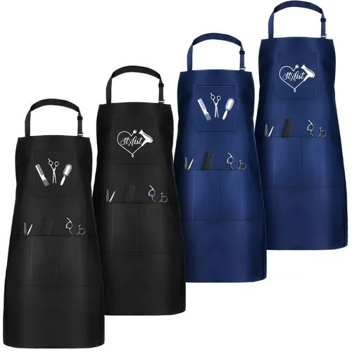 Vista 8 de Janmercy 4 delantales para estilista con 4 bolsillos, delantales impermeables para peluquero, cosmetólogo, delantal (negro)