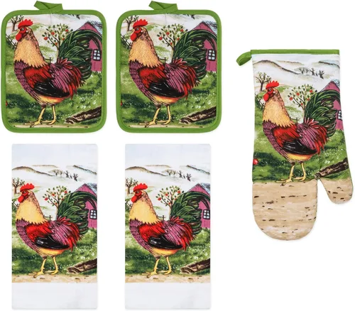 Vista 11 de Juego de ropa de cocina de 5 piezas, 2 toallas de algodón, 2 agarraderas, 1 guante de horno con lazo para colgar, material 100% algodón en la parte