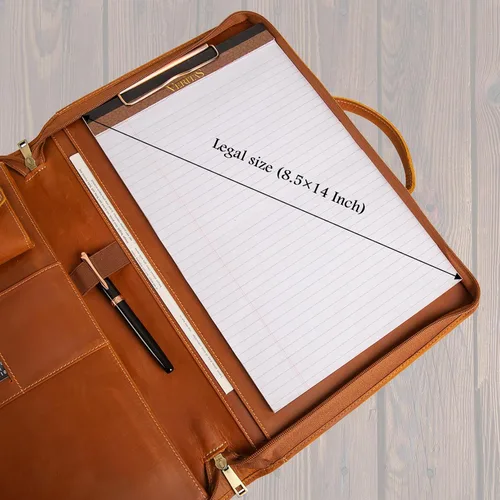 Vista 4 de Portafolio de Cuero Genuino, Organizador Padfolio con Asa, Padfolio Personalizado, Padfolio con Cremallera para Hombres y Mujeres, Adecuado