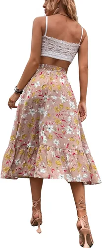 Vista 4 de katiewens Falda larga con estampado de leopardo para mujer falda larga elástica con dobladillo floral y volantes