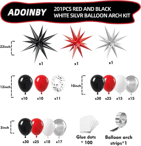 Vista 2 de Kit de arco de globos rojos, negros y blancos, 201 piezas de guirnalda de globos de látex con estrella explosiva roja, negra, blanca y plateada