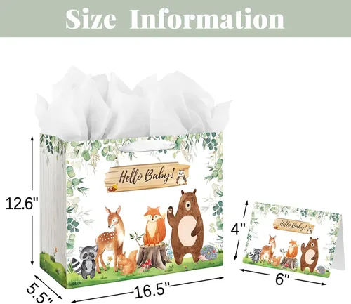 Vista 2 de Laidans Bolsa de regalo de 16.5 pulgadas para baby shower o cumpleaños con asa, papel de seda y tarjeta de felicitación