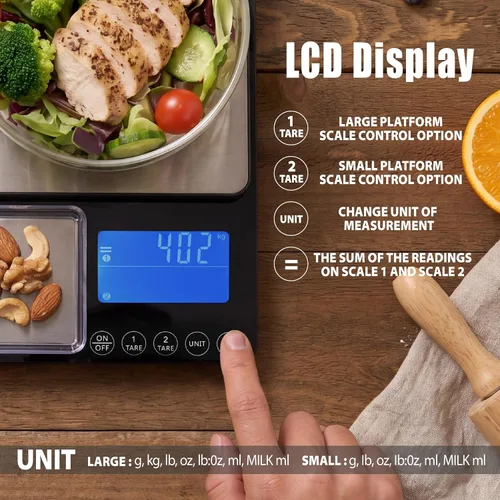 Vista 4 de Báscula de cocina de doble plataforma, báscula digital de alimentos con pantalla doble, dos básculas en una para pesada y precisa, 33 lb/0.01