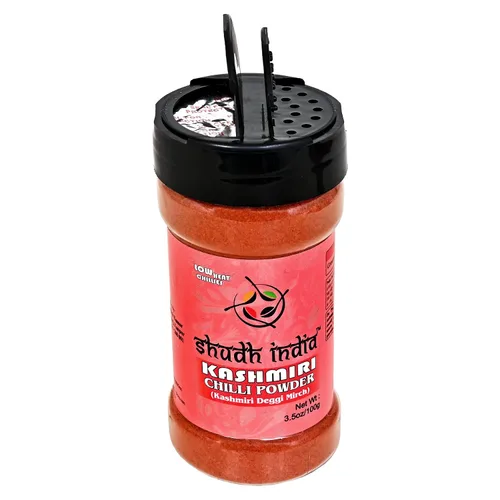 Vista 3 de Shudh India Chili en polvo de Cachemira (Deggi Mirch, a bajo calor) Tarro de PET con tapa agitadora de 3.5 onzas (3.53 oz) Auténtica especia india