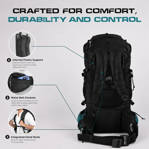 Vista 11 de Expedition - Mochila de senderismo con marco interno de 80 litros, ligera, impermeable, mochila de senderismo y campamento con cubierta para lluvia
