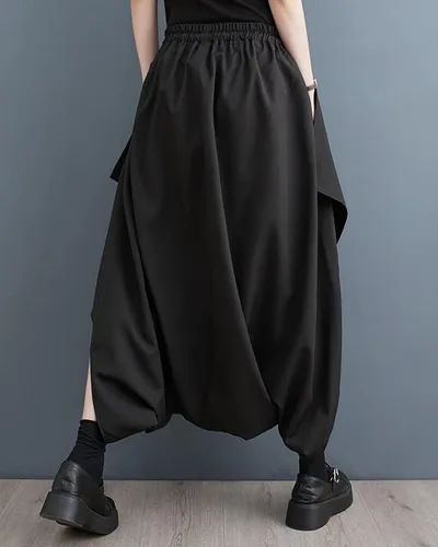 Vista 4 de ellazhu Pantalones de pierna ancha de color sólido para mujer, falda con bolsillos laterales, ropa casual de descanso, estilo culotte, pantalones