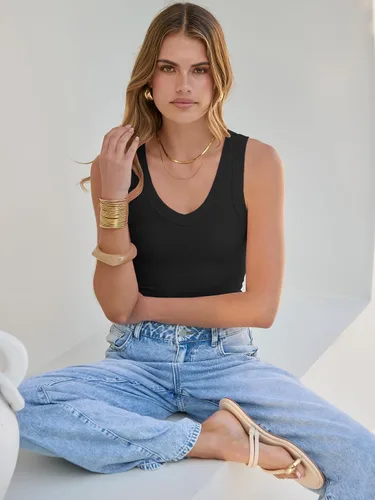 Vista 8 de ANRABESS Camisetas sin mangas para mujer, cuello en V, punto acanalado, ajustadas, sin mangas, básicas, ropa casual de verano 2026 Negro