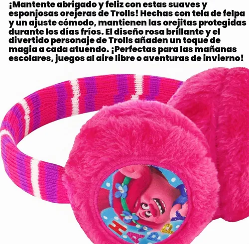 Vista 4 de DREAMWORKS TROLLS Conjunto de gorro de invierno y guantes para niñas, bufanda o orejeras, amapola para edades de 4 a 7 años
