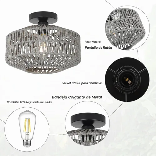 Vista 5 de Lámpara bohemia para techo, lámpara de techo de ratán con bombilla LED regulable, mini lámpara de araña tejida a mano para pasillo, dormitorio Gris