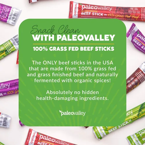 Vista 3 de Paleovalley: Palitos de carne 100% alimentados con pasto – Bocadillo orgánico paleo y keto con probióticos naturales – 40 palitos de carne seca