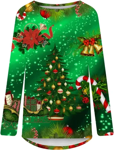 Vista 4 de Blusa de Navidad para mujer, estilo casual, de manga larga, cuello redondo, de moda, con estampado de árbol brillante