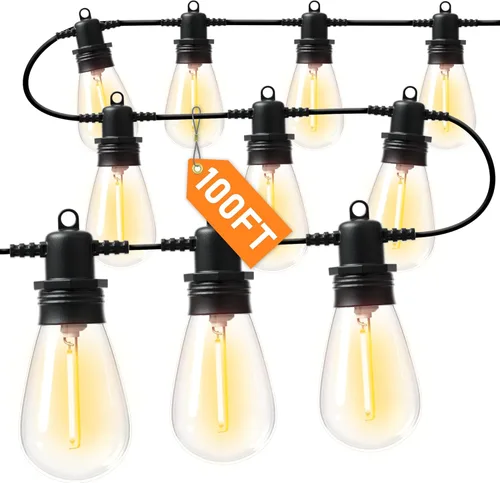 Vista 8 de Guirnalda de luces LED para exteriores de 30 pies con 10+1 bombillas Edison inastillables IP65, impermeables, regulables de 2700 K, luces de patio