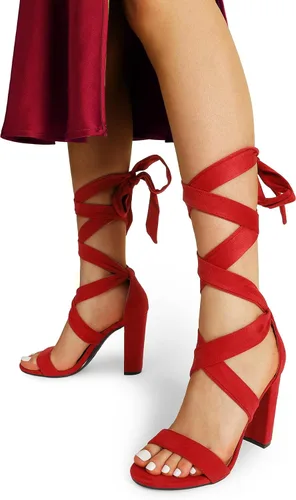 Vista 3 de DREAM PAIRS Sandalias de tacón alto con cordones para mujer, tacones de bloque gruesos, con tiras sexis, puntera abierta
