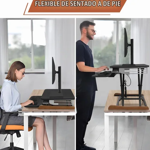 Vista 6 de Convertidor de escritorio de pie ajustable en altura con bandeja para teclado, 26 x 16 pulgadas, elevador de escritorio sentado a pie con elegante