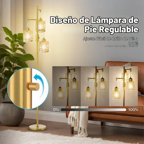 Vista 2 de Lámpara de pie dorada para sala de estar y dormitorio, lámpara de pie vintage de 3 luces con vidrio emplomado, lámparas de pie altas modernas