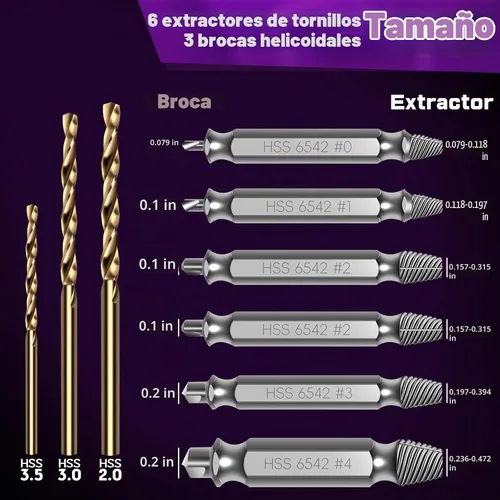 Vista 5 de Juego de 9 extractores de tornillos dañados, modelo mejorado HSS 6542, herramienta de extracción de tornillos de agarre de tornillo, herramientas