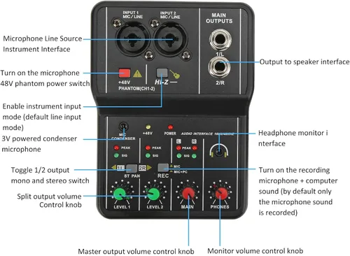 Vista 2 de Mezclador de dos canales más barato, mezclador de sonido pequeña interfaz de grabación de audio, 2 canales mezclador de audio USB 48V Power Compact
